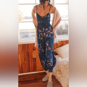 Anthropologie Navy Floral Spaghetti-Strap Jumpsuit